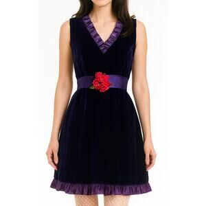Vintage 60s 70s Purple Velvet Satin Mini Dress Satin‎ Ruffle Feminine Whimsy Mod
